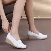 专业真皮白色护士鞋女春夏舒适软牛筋底坡跟镂空牛皮鞋工作鞋