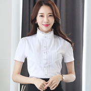 2020夏季立领白色蕾丝衫韩版打底衫女短袖衬衫，显瘦雪纺上衣