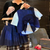 hhkids女童夏圆领(夏圆领)无袖上衣上衣+蓝色，百褶裙套装儿童两件套btz221