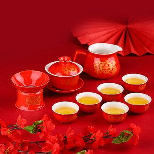 中式婚庆茶具结婚盖碗茶杯套装，陶瓷中国红婚礼，敬茶新婚茶具一整套