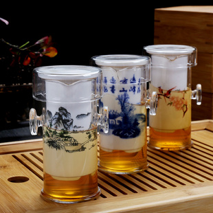 红茶泡茶器加厚耐热玻璃，功夫茶具套装，陶瓷青花双耳冲茶壶茶杯整套
