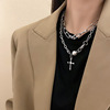 朋克风金属水钻十字架珍珠项链，男女金属链条，双层锁骨链短款颈链潮