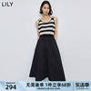 lily2024春女装复古拼接条纹时尚，通勤款优雅针织连衣裙小黑裙