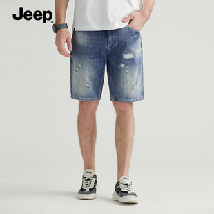 jeep吉普年男士夏季五分裤，潮时尚休闲薄款牛仔，破洞短裤男