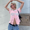 Vintage Wen美式复古浅粉色运动棒球短袖T恤外套上衣女夏季个性