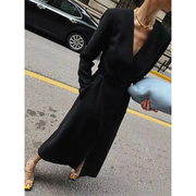 欧㺯法式风格v领一片式系带高级醋酸黑色风，衣式连衣裙时尚女神范