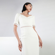 BRAND BY MEI精致镂空工艺通勤优雅气质修身铅笔连衣裙白色职场