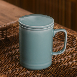 青瓷茶杯陶瓷杯单个带盖过滤办公室茶水分离泡茶杯家用同心水杯子