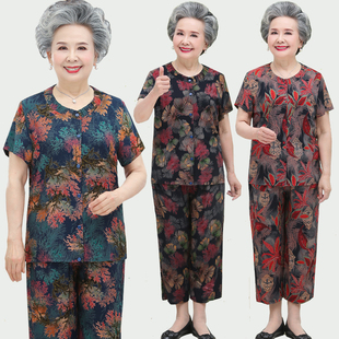 中老年人夏装套装女奶奶短袖棉绸开衫妈妈装夏季两件套老太太衣服