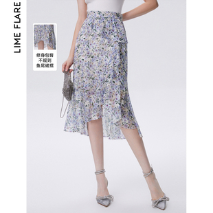 莱茵福莱尔法式碎花雪纺不规则直筒半裙中长款2024夏季设计感