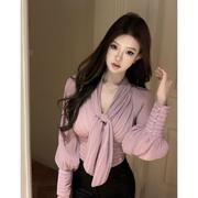 粉紫色系带长袖v领衬衫女春季法式气质温柔上衣修身短款衬衣g299