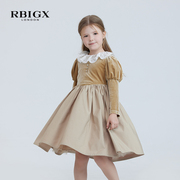 RBIGX瑞比克童装秋季女童设计感花边领丝绒拼接泡泡袖连衣裙