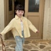 女童韩版长袖衬衣2024春夏儿童洋气粉色纯色衬衫棉质上衣外套