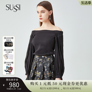 SUSSI/古色24春夏商场同款通勤风减龄显瘦一字领黑色宫廷上衣