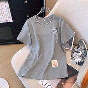 欧货2024夏季灰色镶钻重工纯棉短袖T恤女设计感小众宽松上衣