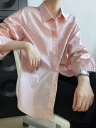 粉色白色长袖衬衫女2022夏秋季韩版纯色简约宽松防晒外搭叠穿衬衣