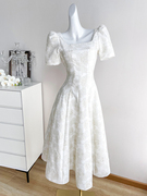 白色复古短袖连衣裙女夏季长裙轻奢高级感气质赫本风宴会礼服裙子