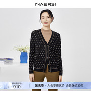 NAERSI/娜尔思黑色 4N 提花开衫针织衫上衣女2023秋冬小外套