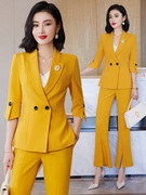 黄色西装套装女夏季薄款职业通勤气质导购接待西服外套工作服