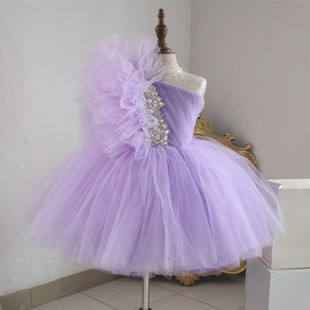 儿童礼服短款演出服公主裙，蓬蓬裙紫罗兰亮钻主持礼服演出服单肩