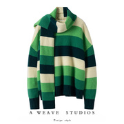 萨琪尼〓绒+〓绿条纹圆领廓形粗针羊绒毛衣围巾两件套2024春
