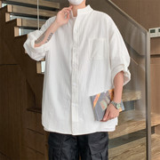 中式亚麻七分袖衬衫短袖夏季设计感外套，潮牌痞帅男款日系白色衬衣