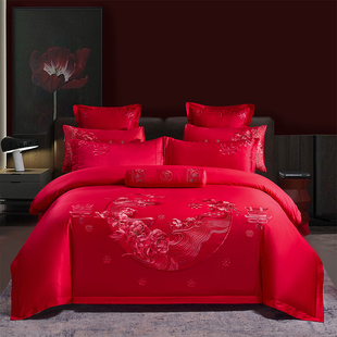 结婚床上用品四件套大红色全棉婚床被套床单，喜庆婚礼高档新婚床品