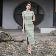 2023夏绿色蕾丝旗袍改良版连衣裙民国风女中式波纹