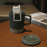 粗陶马克杯带盖勺水杯家用陶瓷杯，复古办公室杯子墨绿色挂耳咖啡杯
