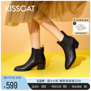 kisscat接吻猫2023冬季真皮，户外时尚短筒靴粗跟增高西部靴女