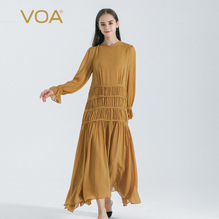 VOA棕黄色双层乔其桑蚕丝立领喇叭长袖收腰垂顺真丝蛋糕连衣裙