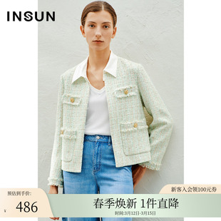INSUN恩裳线上专选春季法式淡绿色粗花呢短款外套