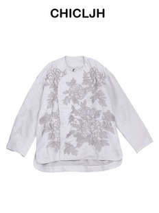 CHIOCLJH设计师手绘牡丹花重磅色织亚麻料新中式风格廓形感外套