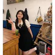 小葵花菜微胖定制偶像，出行学院风女夏季假两件黑色连衣裙子