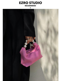 EZRO夏季粉色复古感少女减龄珍珠手提饺子包真皮包斜挎包