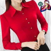 2024春装职业红色衬衫女长袖韩版显瘦衬衣修身打底白色百搭