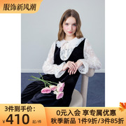 秋水伊人甜美娃娃领丝绒黑色，连衣裙2023冬季设计感假两件裙子