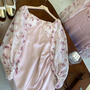 拼接设计雪纺长袖连衣裙粉色方领印花中裙时尚休闲洋气D￥6