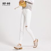 sp68中腰膝盖脚口破洞小脚，牛仔裤女士白色裤子显瘦2021秋季
