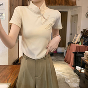 立领正肩t恤女短袖夏季复古中国风新中式，修身显瘦短款小个子上衣