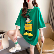 设计感小众短袖t恤女夏季韩版宽松大码中长款ins可爱假两件上衣潮
