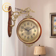 胖匠黄铜双面挂钟美式客厅，复古实木欧式两面钟表个性创意装饰时钟