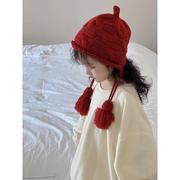 儿童新年帽子小女孩秋冬款，龙年红色针织帽女童过年保暖毛线护耳帽
