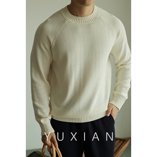 yuxian美式长绒棉毛衣针织衫，全棉圆领套头，复古休闲毛衣保暖秋冬