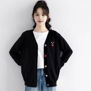 韩国2024年秋季彩色笑脸刺绣毛衣外套女黑色长袖针织开衫上衣