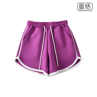 辣妹风紫色运动短裤高腰系带，空气层休闲百搭宽松阔腿裤潮