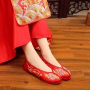 红色秀禾婚鞋新娘结婚鞋子上轿鞋中式平底绣花布鞋女孕妇鞋子