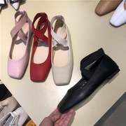 韩国东大门23春季方头交叉带低跟浅口芭蕾女鞋玛丽珍平底单鞋