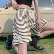黑白色条纹运动短裤，女夏季薄款小个子外穿高腰，显瘦宽松休闲五分裤