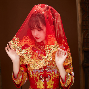 结婚新娘红盖头半透明头纱，软纱秀禾服喜帕中式复古红色头纱蒙头巾